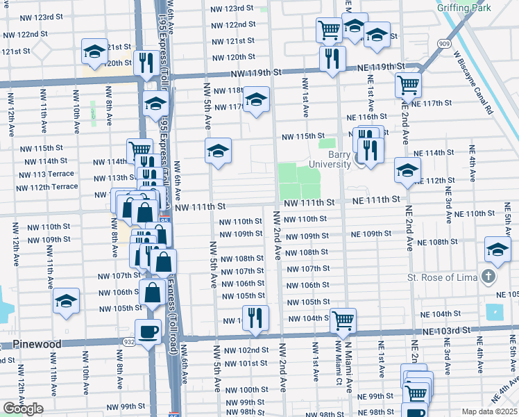 map of restaurants, bars, coffee shops, grocery stores, and more near 258 Northwest 111th Street in Miami Shores