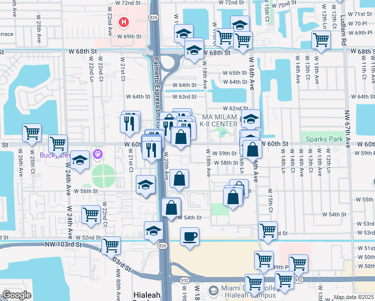 map of restaurants, bars, coffee shops, grocery stores, and more near 5936 West 18th Lane in Hialeah