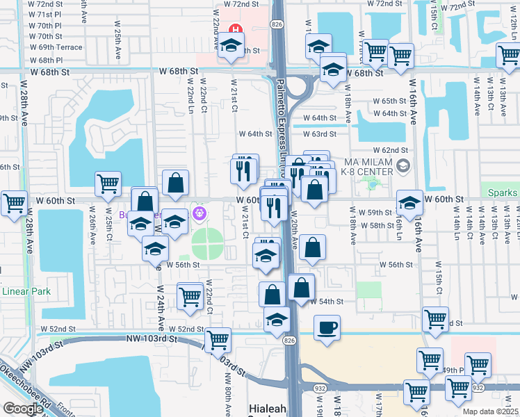 map of restaurants, bars, coffee shops, grocery stores, and more near 5950 West 20th Lane in Hialeah
