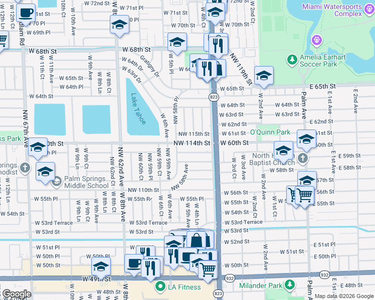 map of restaurants, bars, coffee shops, grocery stores, and more near 5785 Northwest 113th Terrace in Hialeah