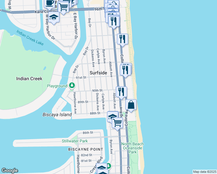 map of restaurants, bars, coffee shops, grocery stores, and more near 9017 Byron Avenue in Surfside