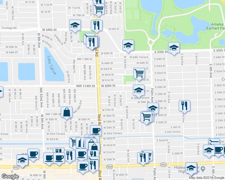 map of restaurants, bars, coffee shops, grocery stores, and more near 325 West 59th Street in Hialeah