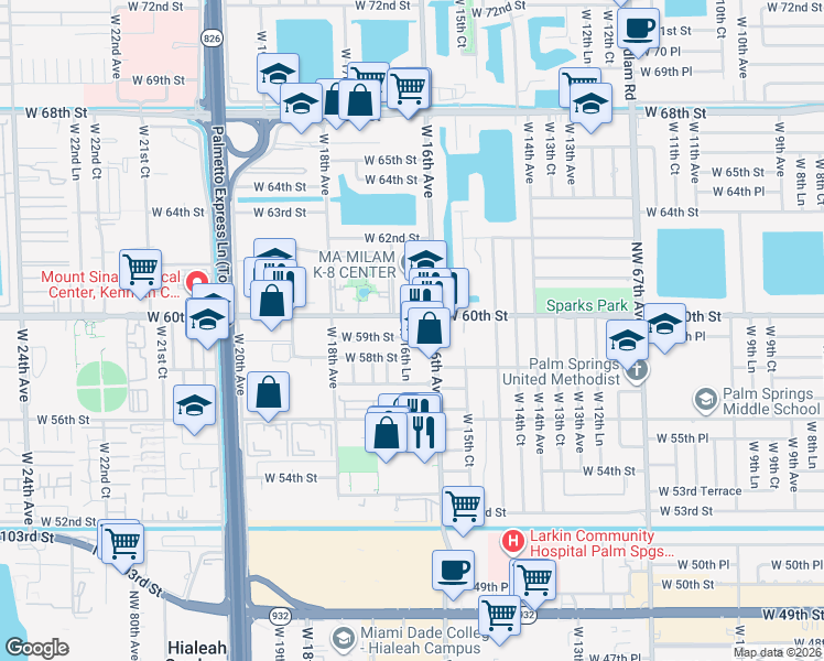 map of restaurants, bars, coffee shops, grocery stores, and more near 5931 West 16th Lane in Hialeah