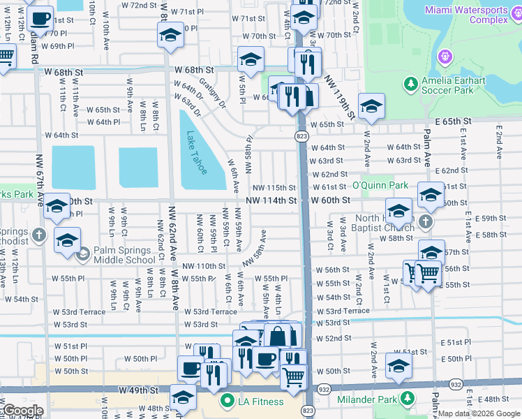map of restaurants, bars, coffee shops, grocery stores, and more near 5785 Northwest 113th Terrace in Hialeah