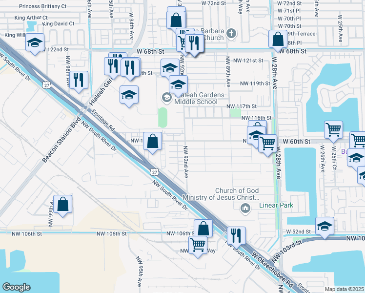 map of restaurants, bars, coffee shops, grocery stores, and more near 10949 Northwest 92nd Avenue in Hialeah Gardens