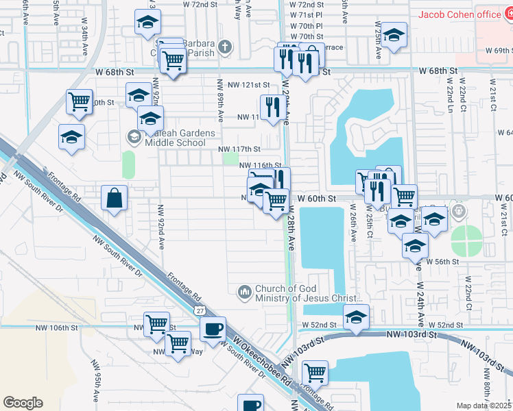map of restaurants, bars, coffee shops, grocery stores, and more near 11325 Northwest 88th Avenue in Hialeah