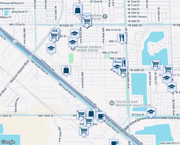 map of restaurants, bars, coffee shops, grocery stores, and more near 9115 Northwest 113th Street in Hialeah Gardens