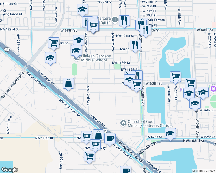 map of restaurants, bars, coffee shops, grocery stores, and more near 8997 Northwest 113th Street in Hialeah Gardens