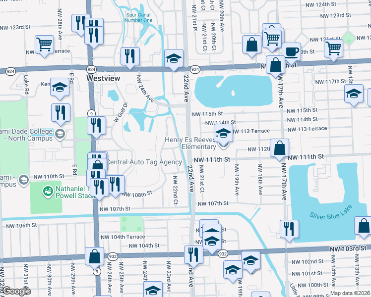map of restaurants, bars, coffee shops, grocery stores, and more near 11200 Northwest 22nd Avenue in Miami