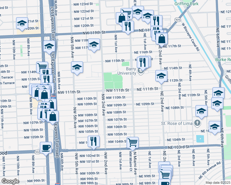 map of restaurants, bars, coffee shops, grocery stores, and more near 118 Northwest 111th Street in Miami Shores