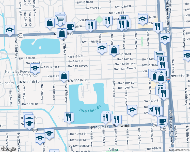 map of restaurants, bars, coffee shops, grocery stores, and more near 1360 Northwest 112th Street in Miami