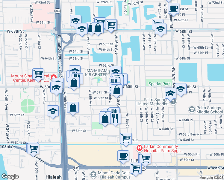 map of restaurants, bars, coffee shops, grocery stores, and more near 5931 West 16th Lane in Hialeah