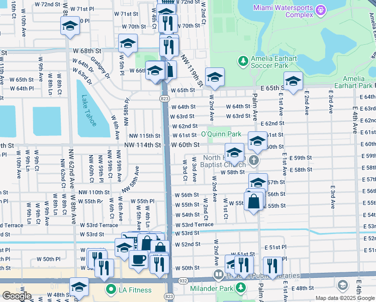 map of restaurants, bars, coffee shops, grocery stores, and more near 325 West 59th Street in Hialeah