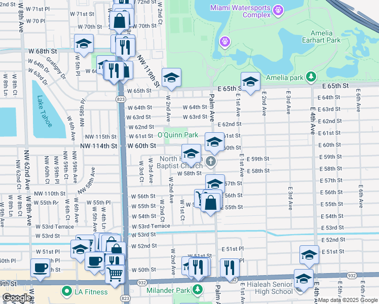 map of restaurants, bars, coffee shops, grocery stores, and more near 141 West 59th Street in Hialeah