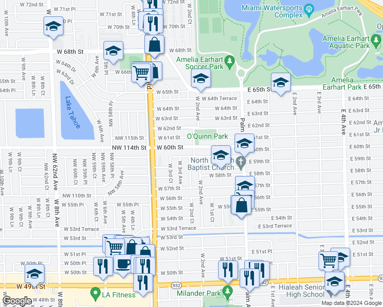 map of restaurants, bars, coffee shops, grocery stores, and more near 241 West 59th Street in Hialeah