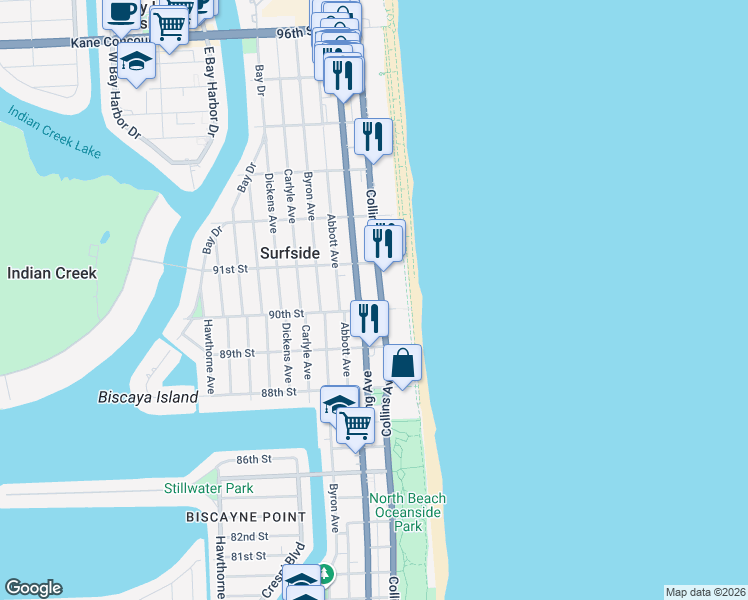map of restaurants, bars, coffee shops, grocery stores, and more near 9017 Harding Avenue in Surfside