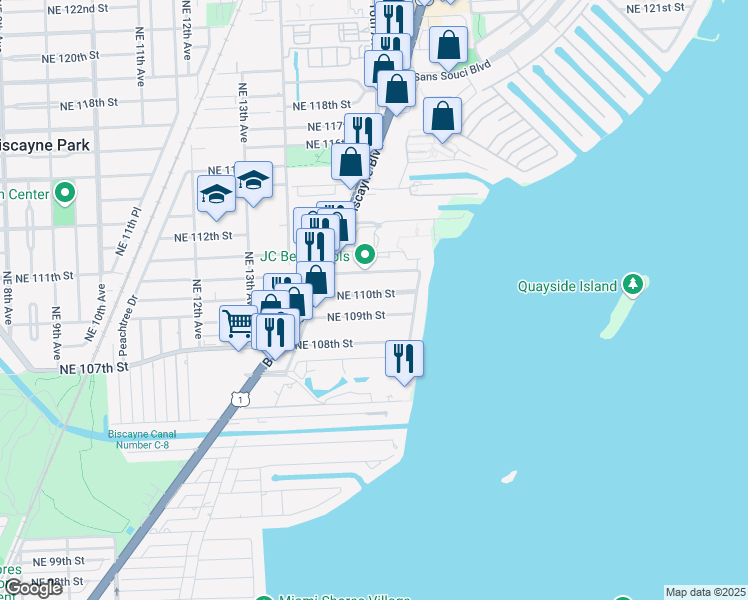 map of restaurants, bars, coffee shops, grocery stores, and more near 1590 Northeast 110th Street in Miami