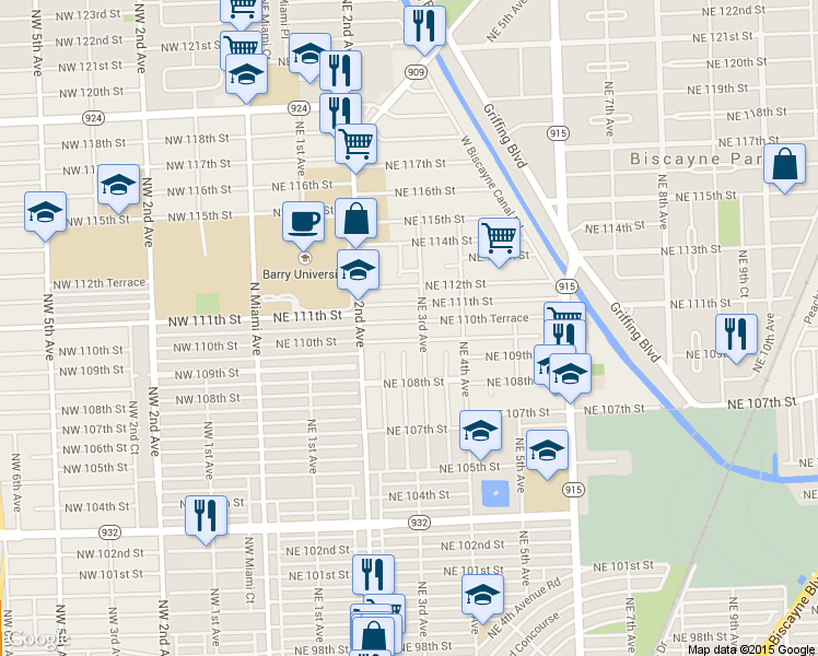 map of restaurants, bars, coffee shops, grocery stores, and more near 11005 Northeast 3rd Avenue in Miami