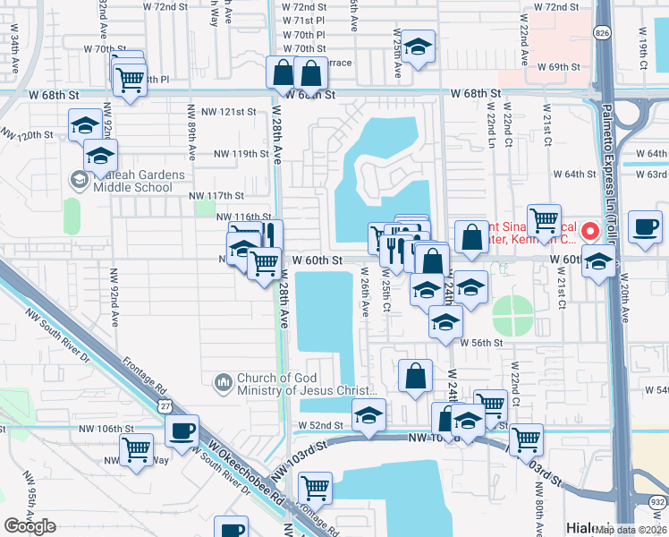 map of restaurants, bars, coffee shops, grocery stores, and more near 2670 West 60th Street in Hialeah