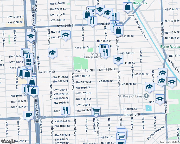 map of restaurants, bars, coffee shops, grocery stores, and more near 40 Northwest 111th Street in Miami Shores