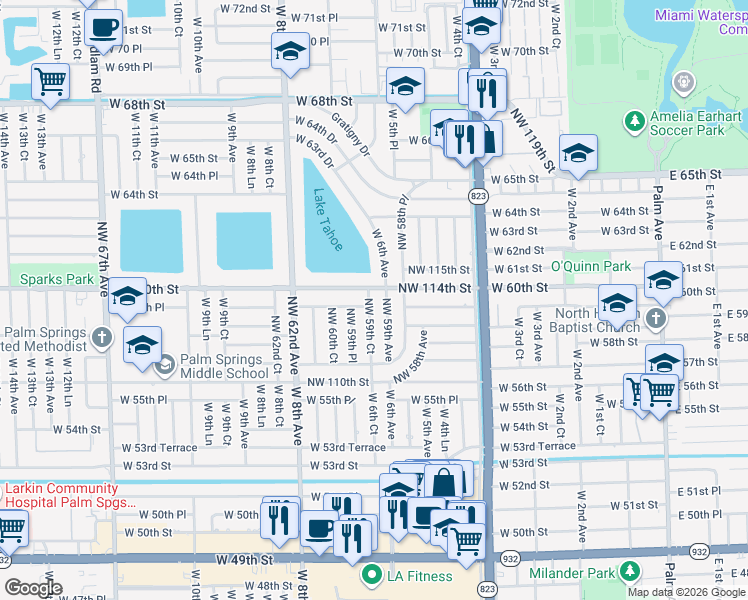 map of restaurants, bars, coffee shops, grocery stores, and more near 11315 Northwest 59th Avenue in Hialeah