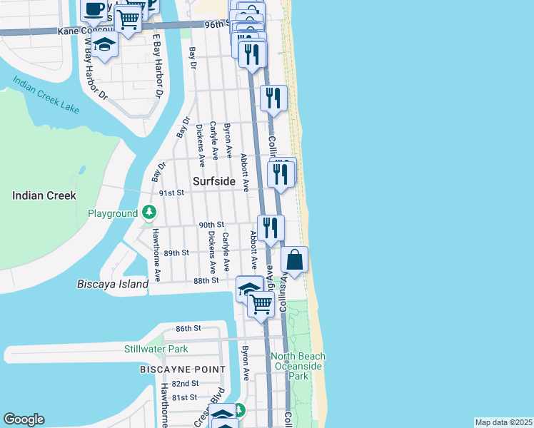 map of restaurants, bars, coffee shops, grocery stores, and more near 9017 Harding Avenue in Surfside