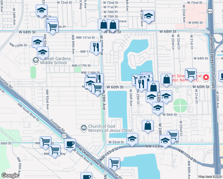map of restaurants, bars, coffee shops, grocery stores, and more near 2780 West 60th Street in Hialeah