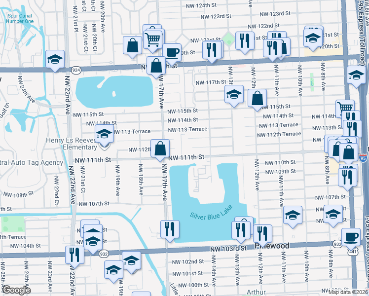 map of restaurants, bars, coffee shops, grocery stores, and more near 11111 Northwest 15th Court in Miami