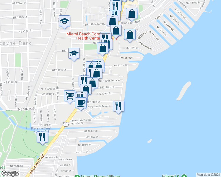 map of restaurants, bars, coffee shops, grocery stores, and more near 1590 Northeast 110th Street in Miami
