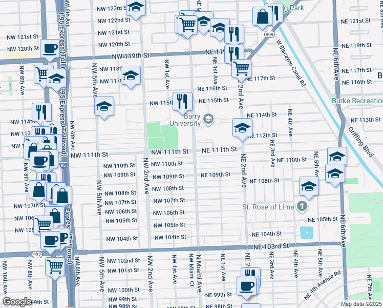 map of restaurants, bars, coffee shops, grocery stores, and more near 40 Northwest 111th Street in Miami Shores