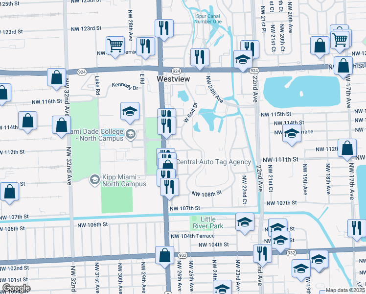 map of restaurants, bars, coffee shops, grocery stores, and more near 2557 Northwest 112th Street in Miami