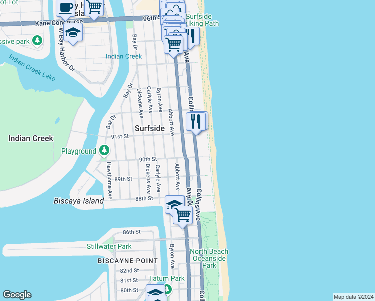 map of restaurants, bars, coffee shops, grocery stores, and more near 9017 Harding Avenue in Surfside