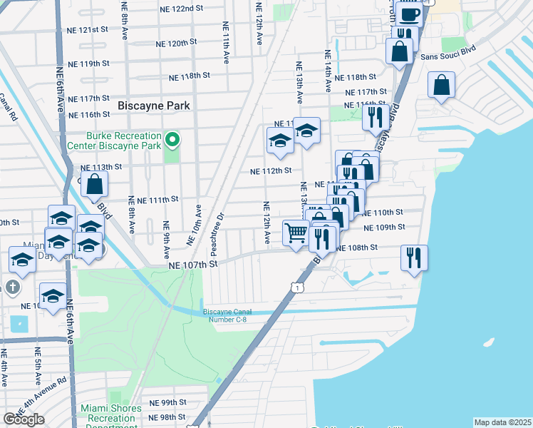 map of restaurants, bars, coffee shops, grocery stores, and more near 1210 Northeast 110th Street in Miami