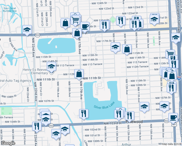 map of restaurants, bars, coffee shops, grocery stores, and more near 11111 Northwest 15th Court in Miami