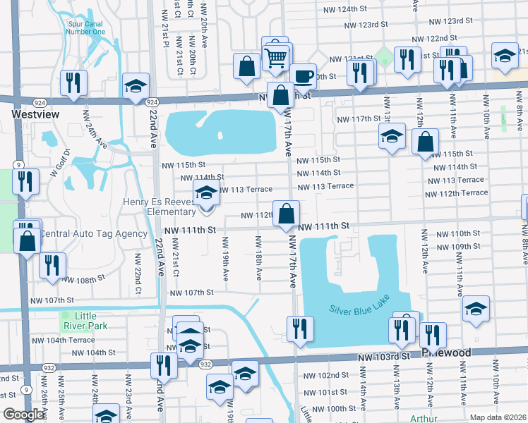 map of restaurants, bars, coffee shops, grocery stores, and more near 1741 Northwest 112th Street in Miami