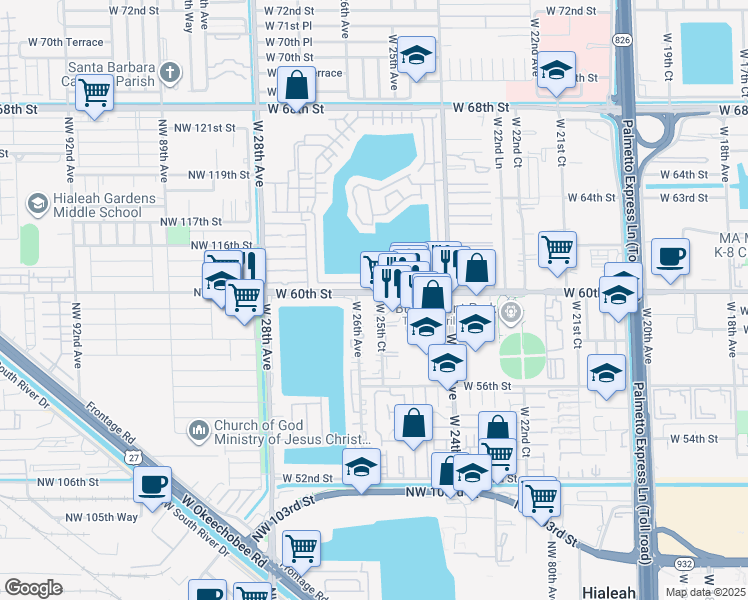 map of restaurants, bars, coffee shops, grocery stores, and more near 5945 West 25th Court in Hialeah