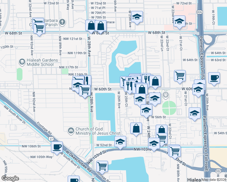 map of restaurants, bars, coffee shops, grocery stores, and more near 5938 West 26th Avenue in Hialeah