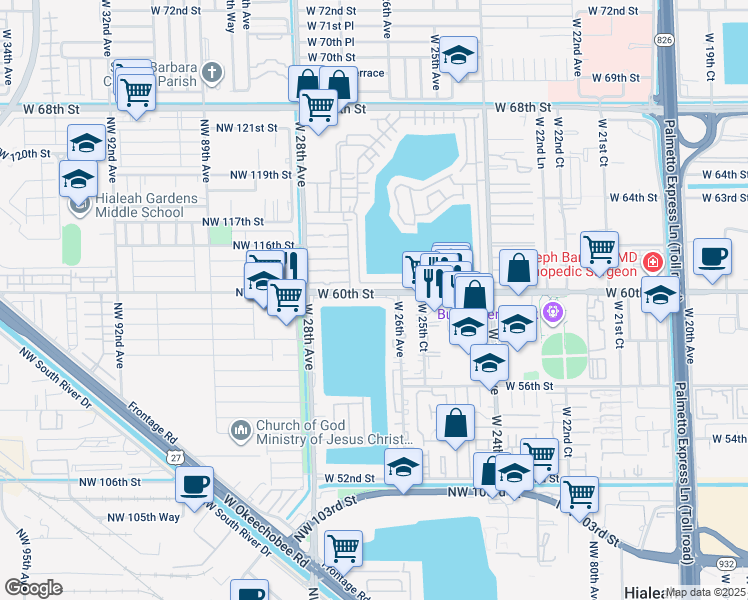 map of restaurants, bars, coffee shops, grocery stores, and more near 2670 West 60th Street in Hialeah