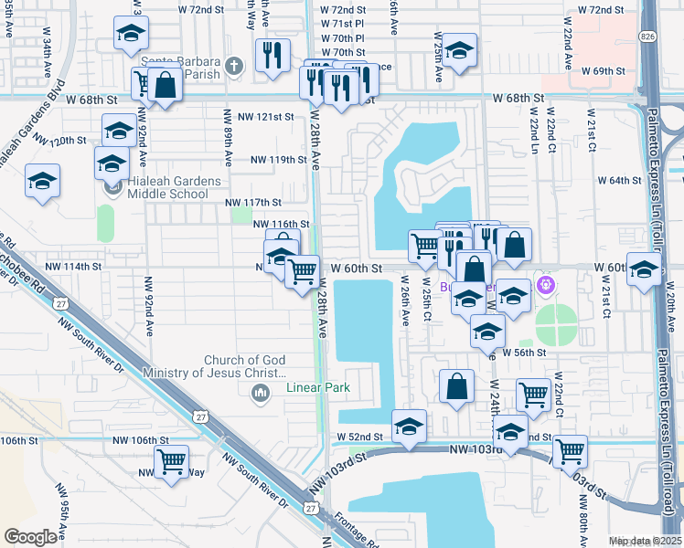 map of restaurants, bars, coffee shops, grocery stores, and more near 5951 West 28th Avenue in Hialeah