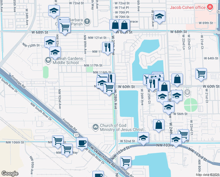 map of restaurants, bars, coffee shops, grocery stores, and more near 11390 Northwest 87th Court in Hialeah