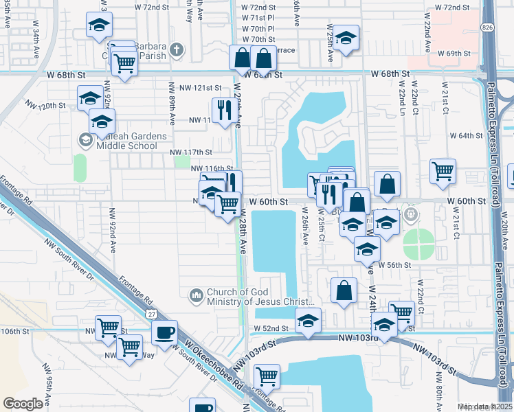 map of restaurants, bars, coffee shops, grocery stores, and more near 2780 West 60th Street in Hialeah