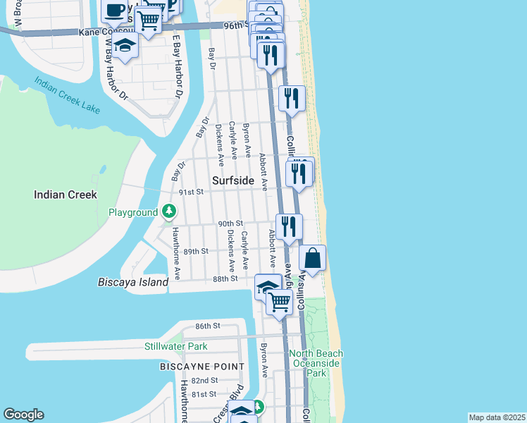 map of restaurants, bars, coffee shops, grocery stores, and more near 9017 Byron Avenue in Surfside