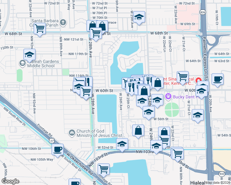 map of restaurants, bars, coffee shops, grocery stores, and more near 5938 West 26th Avenue in Hialeah