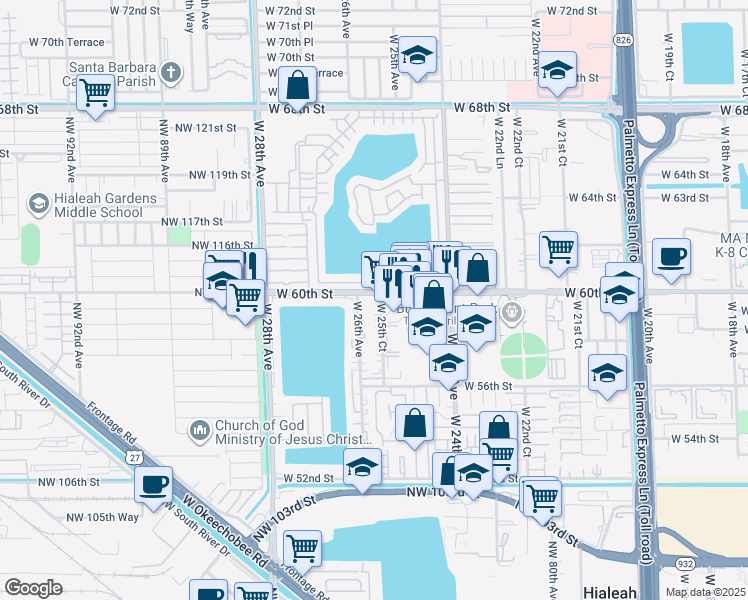 map of restaurants, bars, coffee shops, grocery stores, and more near 5945 West 25th Court in Hialeah