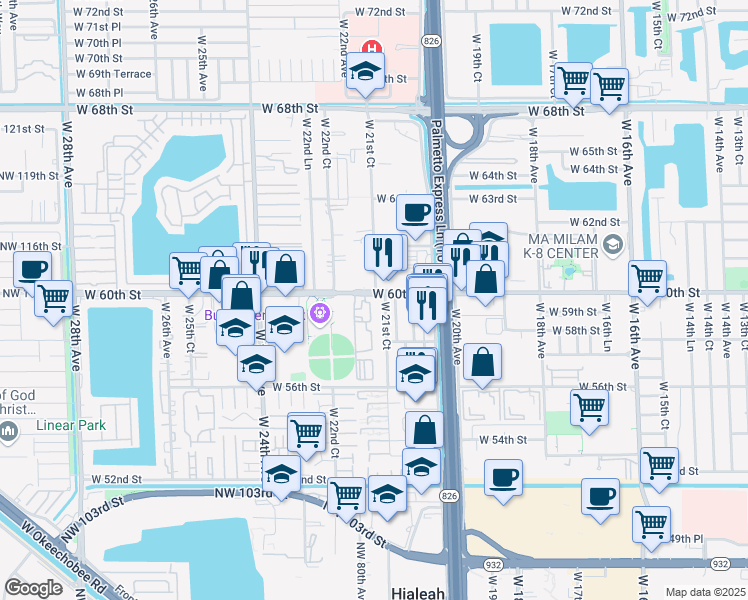 map of restaurants, bars, coffee shops, grocery stores, and more near 2190 West 60th Street in Hialeah