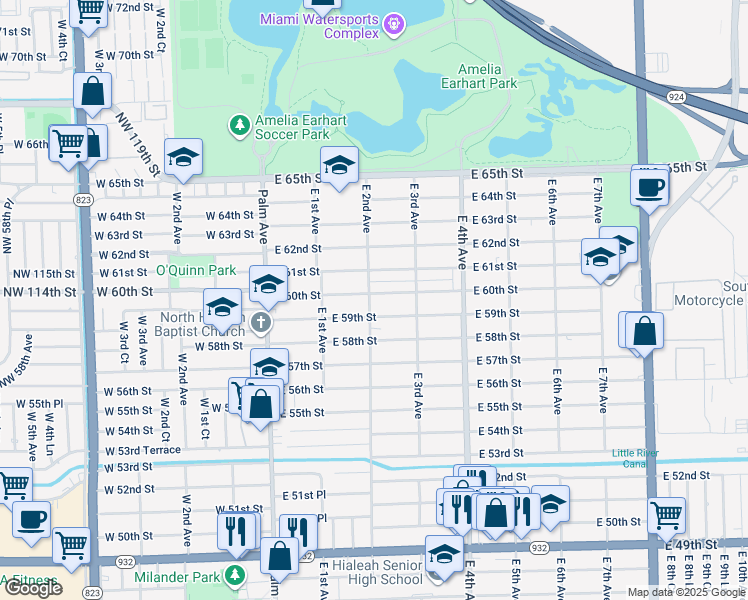 map of restaurants, bars, coffee shops, grocery stores, and more near 217 East 59th Street in Hialeah