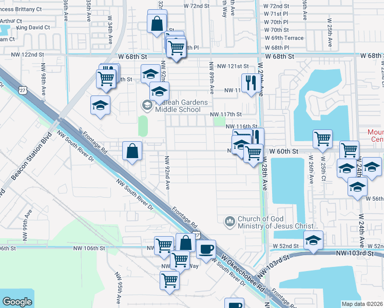 map of restaurants, bars, coffee shops, grocery stores, and more near 9115 Northwest 113th Street in Hialeah Gardens
