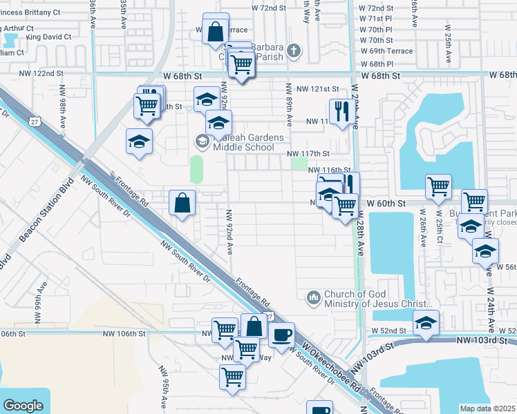 map of restaurants, bars, coffee shops, grocery stores, and more near 9115 Northwest 113th Street in Hialeah Gardens