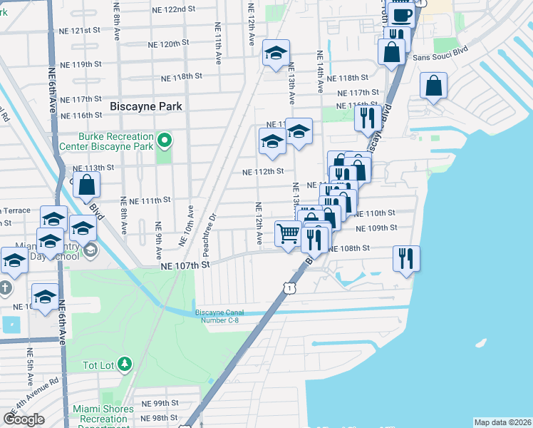 map of restaurants, bars, coffee shops, grocery stores, and more near 1210 Northeast 110th Street in Miami