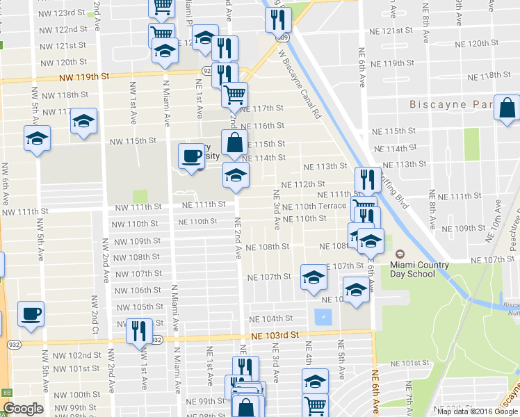 map of restaurants, bars, coffee shops, grocery stores, and more near 258 Northeast 110th Terrace in Miami Shores